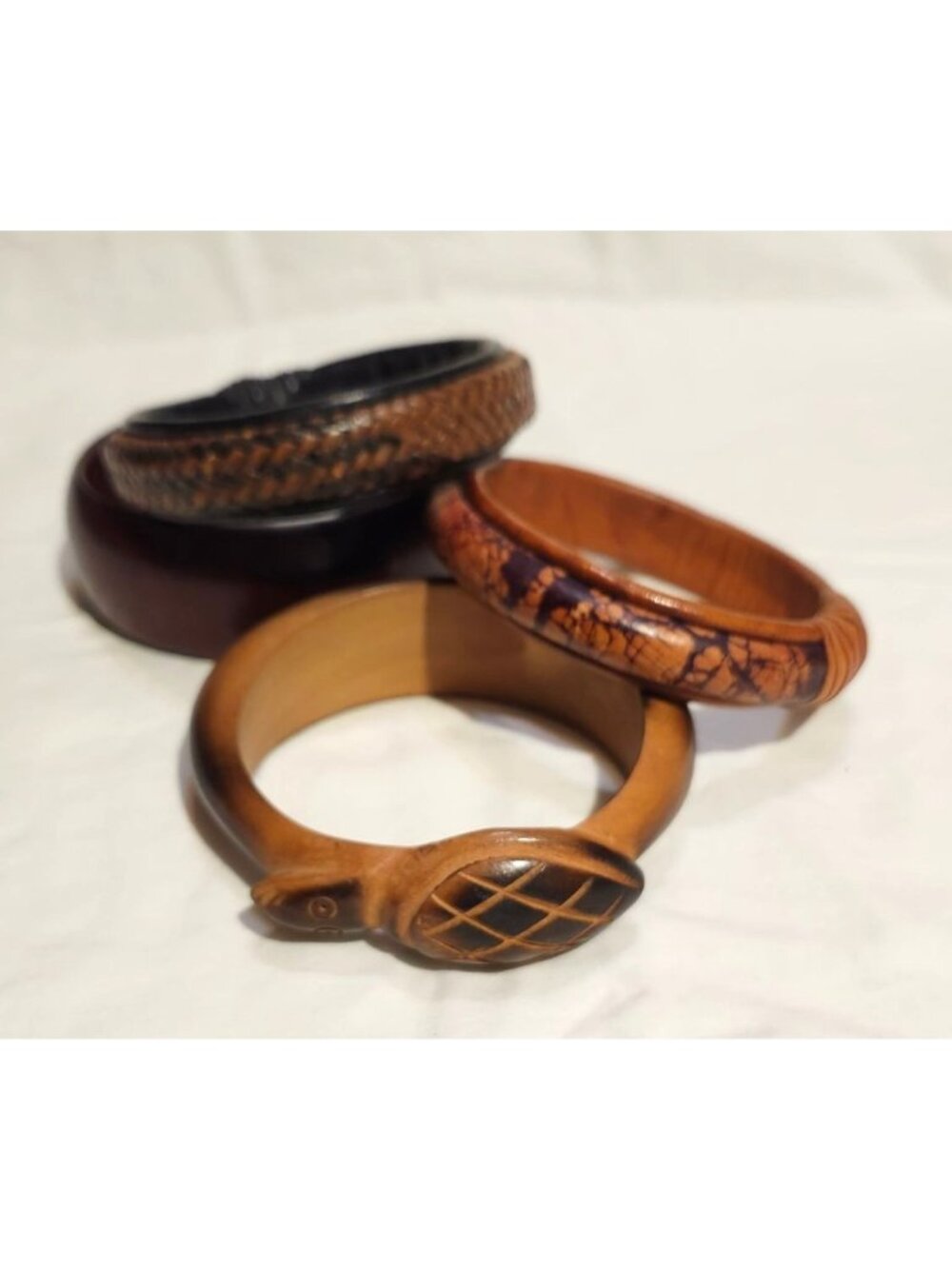 Lot Of 4 Vintage Wooden & Rattan Bangles - Hand-Carved Woven And Painted Designs